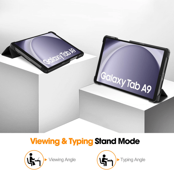 Samsung Galaxy Tab A9 8.7 inch trifold folio case in slim PU leather with magnetic flip stand by TechPlus.