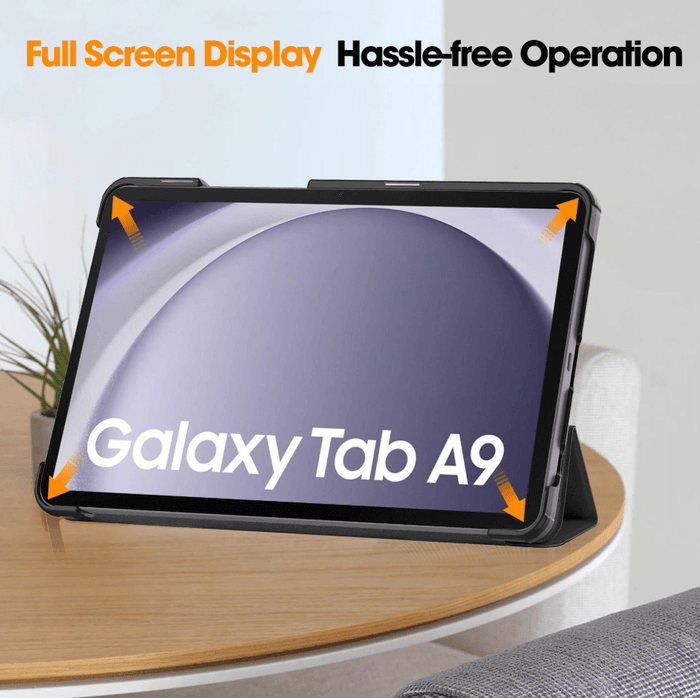 Samsung Galaxy Tab A9 8.7-inch trifold folio stand case in slim PU leather with magnetic flip closure by TechPlus.