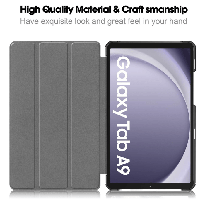 Samsung Galaxy Tab A9 8.7 trifold folio stand case in slim PU leather with magnetic flip closure by TechPlus.