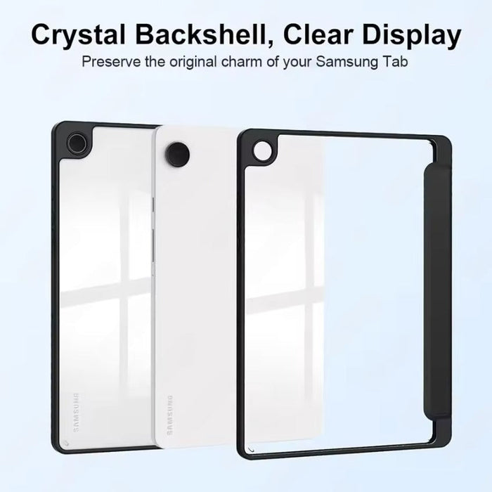 Samsung Galaxy Tab A9+ clear acrylic case showing slim, shockproof transparent cover from a side view.