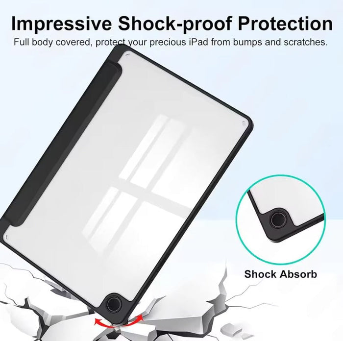 Samsung Galaxy Tab A9 clear acrylic case with slim, shockproof edges providing transparent protection for the tablet.