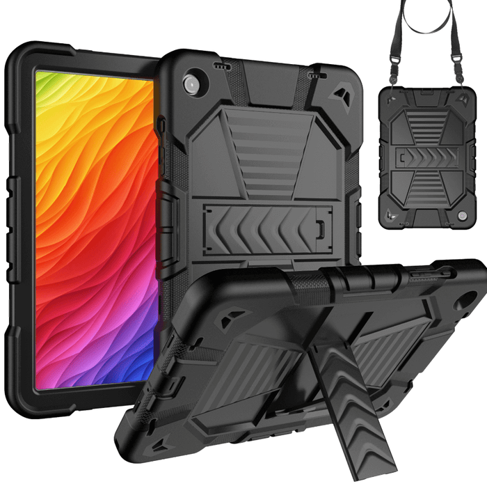 Samsung Galaxy Tab A9 rugged shockproof case with kickstand by TechPlus, showing the front view with protective design and kickstand feature.