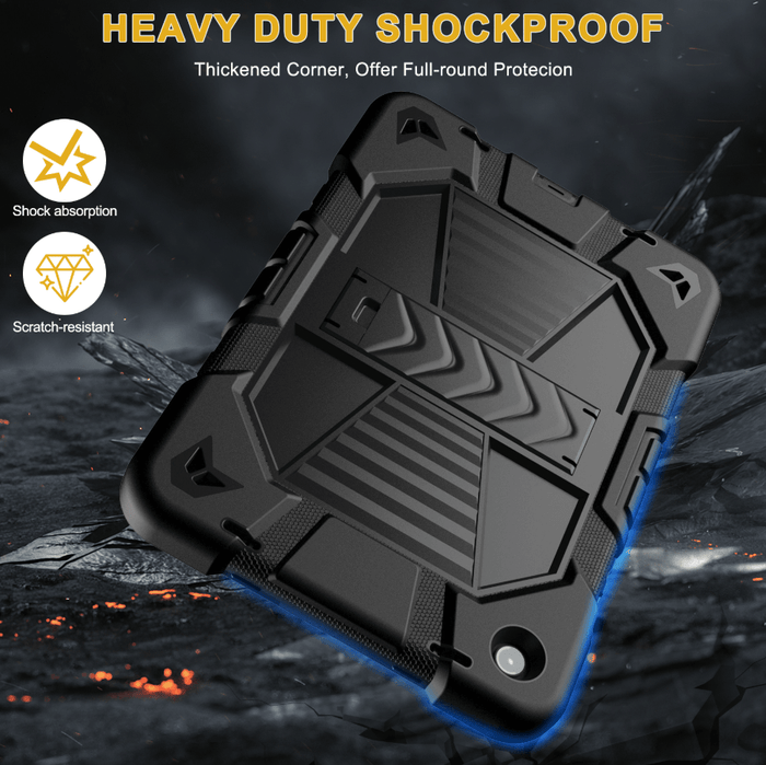 Samsung Galaxy Tab A9 rugged shockproof case with kickstand, black protective cover with textured grip and sturdy design by techplus.