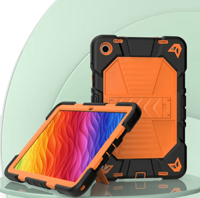 Samsung Galaxy Tab A9 rugged shockproof case with kickstand, black protective cover from techplus, front view showing sturdy design and stand