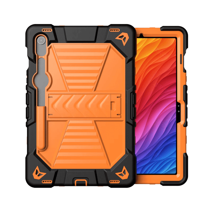 Samsung Galaxy Tab S10 Lite rugged shockproof case with kickstand by TechPlus, shown from the front with textured design and sturdy build.