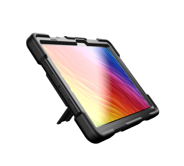 Techplus Samsung Galaxy Tab S10 Lite rugged shockproof case with kickstand, showing the front view with protective design and stand feature.