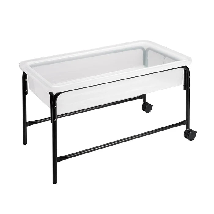 Rectangular translucent white tub on a black metal stand with two wheels and two legs.