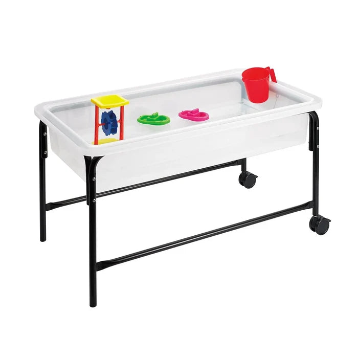 Clear rectangular tub on a black metal frame with wheels, holding colorful toy boats and a water wheel.