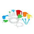 Colorful plastic set with pitchers, spray bottles, measuring cups, pipettes, and clear tubing for sensory play.