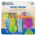 Sand and water tool set in packaging with a wavy blue dropper, green scissor scoop, and purple bulb squeezer.