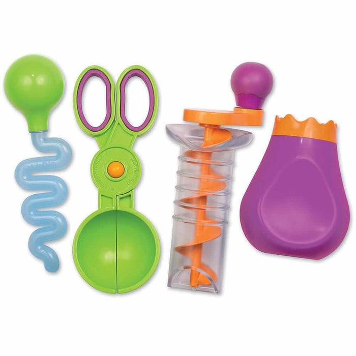 Four colorful plastic tools: a wavy blue dropper, green scissor scoop, orange spiral turner, and purple water bulb.