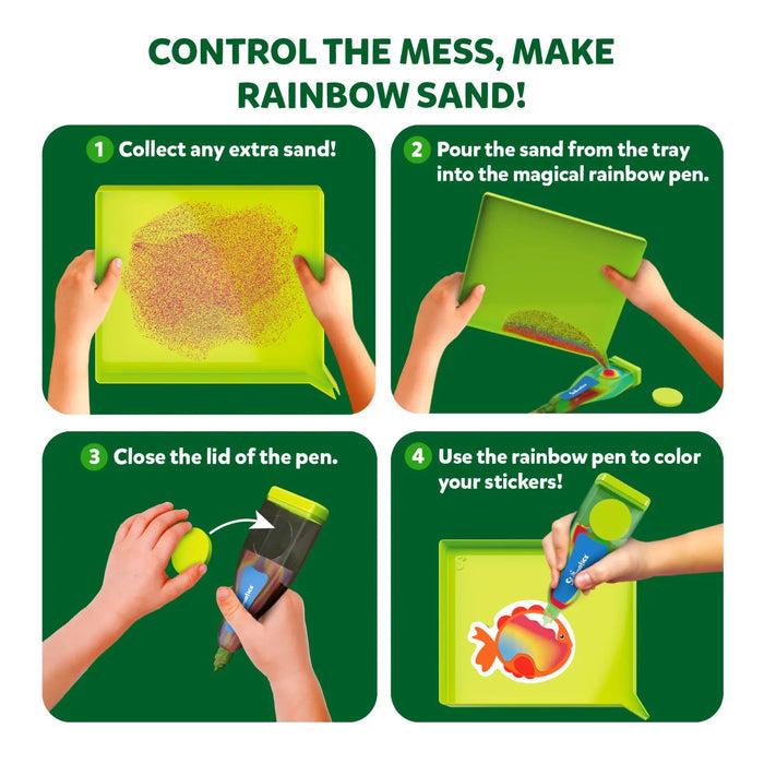 Four-step guide: collect sand on a green tray, pour into a rainbow pen, and color a fish sticker with sand.