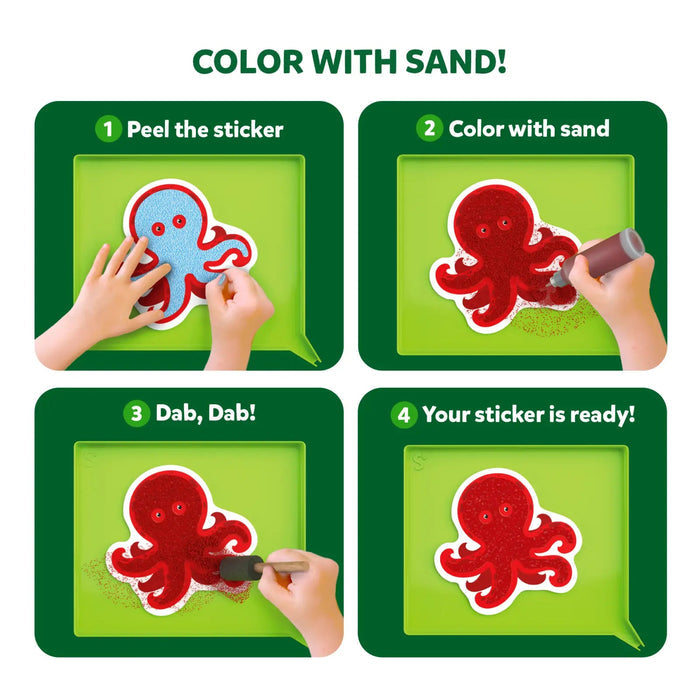 Four-step guide showing how to peel, apply red sand, and dab to create a finished octopus sticker on a green tray.