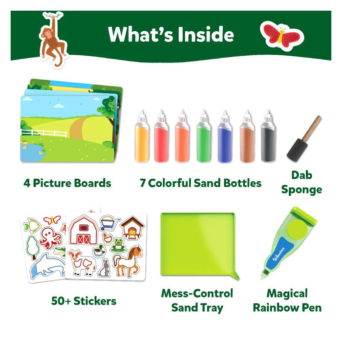 Infographic showing 4 picture boards, 7 sand bottles, animal stickers, a green sand tray, dab sponge, and rainbow pen.