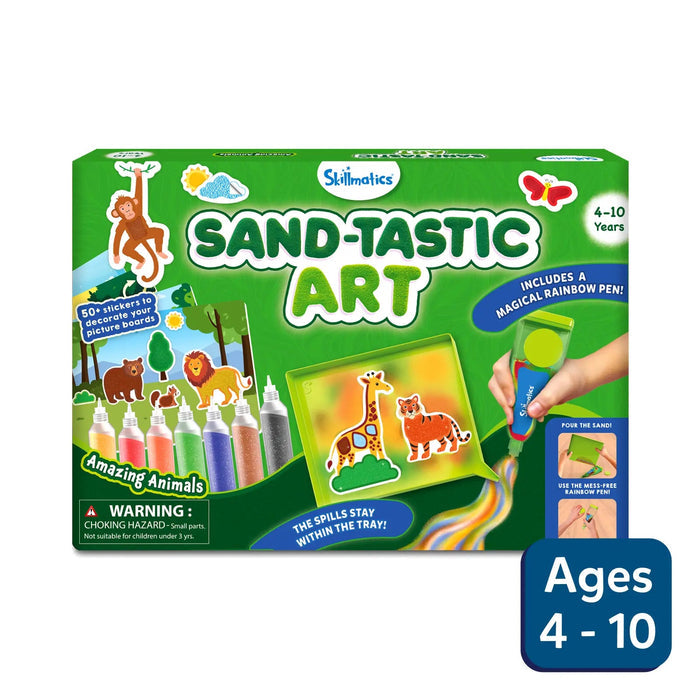 Green box featuring animal stickers, colorful sand bottles, a mess-free tray, and a magical rainbow sand pen.