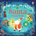 Blue illustrated book cover featuring Santa and elves in a snowy scene with a circular mesh sound button.