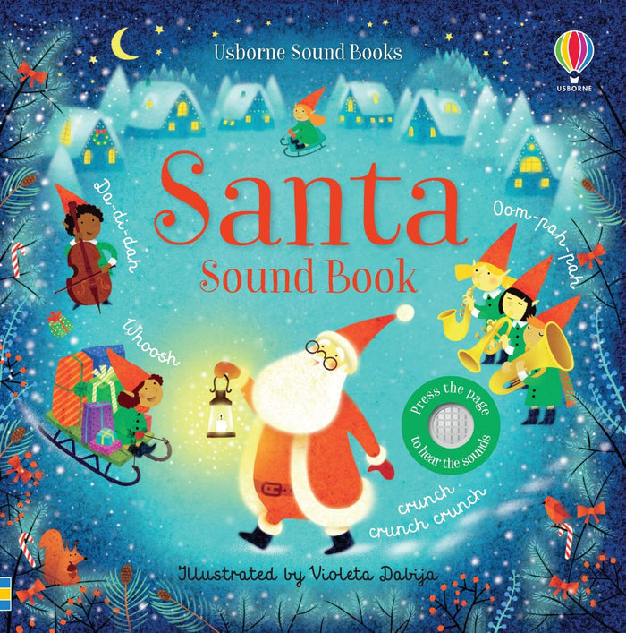 Blue illustrated book cover featuring Santa and elves in a snowy scene with a circular mesh sound button.