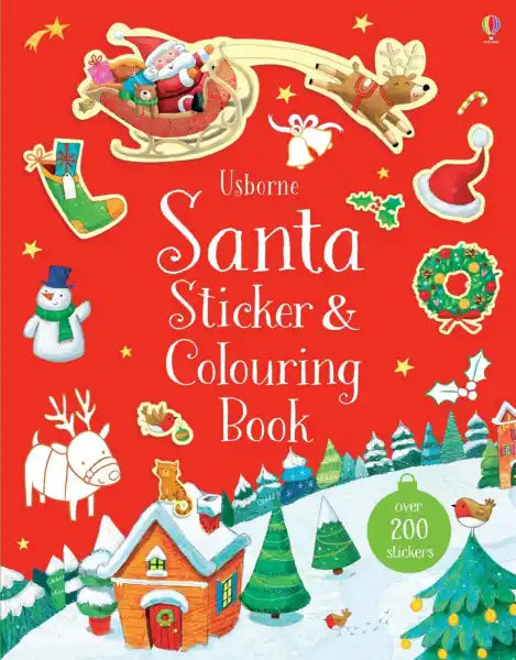 Bright red children's book cover featuring Santa in a sleigh, a snowman, and a winter house scene in a snowy landscape.
