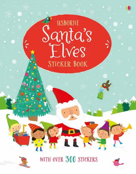 Santa and elves stand in snow by a decorated tree on a blue book cover with a large red title oval.