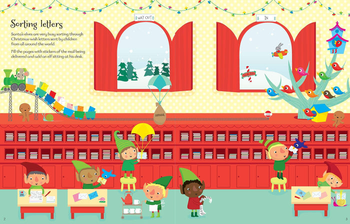 Colorful sticker book page showing elves sorting letters in a festive red workshop with snowy North Pole window views.