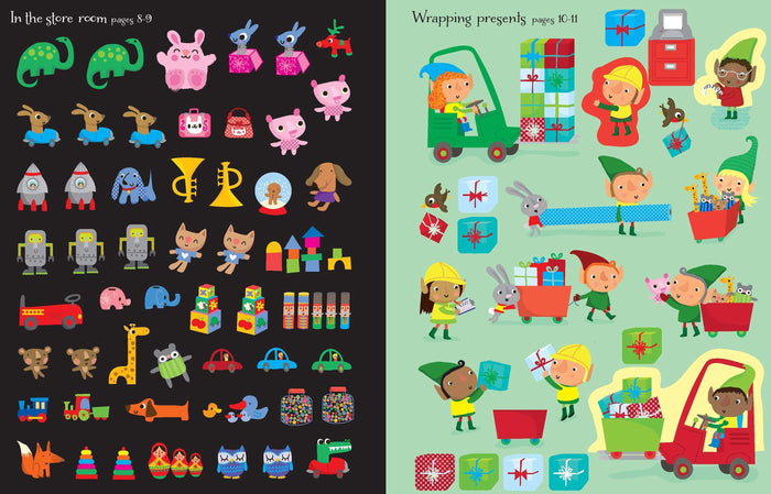 Sticker book pages with colorful toy icons on a black background and elves wrapping gifts on a green background.