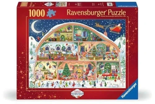 Red puzzle box featuring a detailed cutaway of an arched workshop in a snowy landscape with Santa and busy elves.