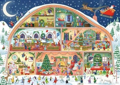 A colorful illustration of a dome-shaped winter workshop with a cross-section view showing multiple rooms on three floors....