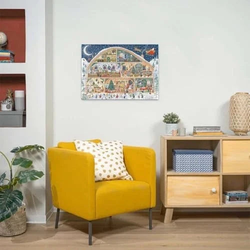 Vibrant Christmas workshop puzzle on a white wall over a yellow armchair with a polka dot pillow in a cozy home interior.