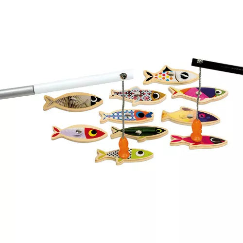 Two magnetic fishing rods catching colorful, patterned wooden sardine toys on a white background.