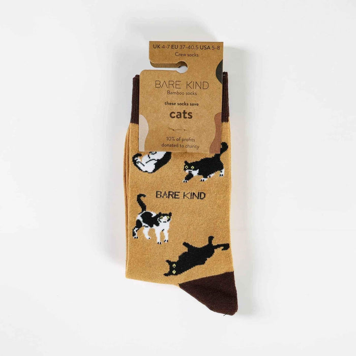 Barekind NZ bamboo socks featuring a brown cat design, suitable for adult UK sizes 4-7, with eco-friendly bamboo material.