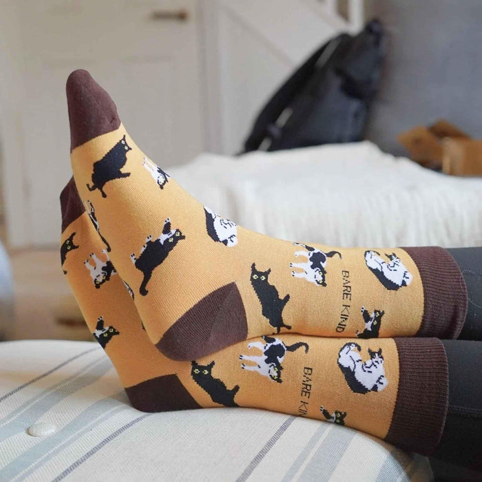 Barekind NZ bamboo socks featuring a brown cat design, ideal for adults, showcasing comfortable, eco-friendly sock material.