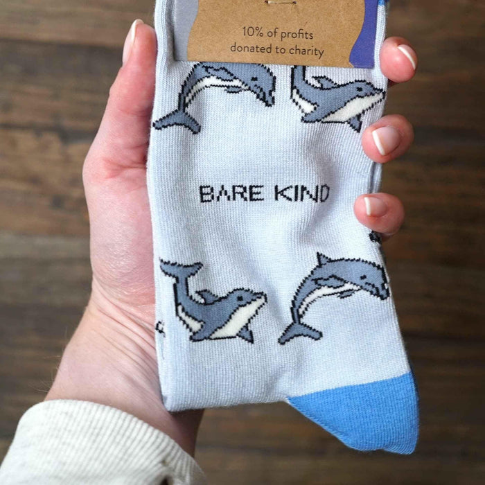 Barekind NZ bamboo socks featuring dolphin design, adult size 4-7, eco-friendly and comfortable footwear.