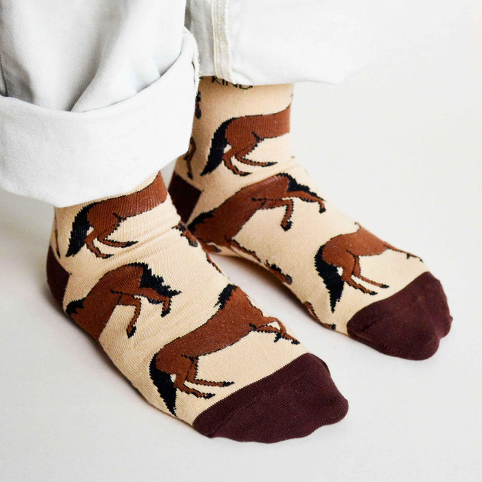 Barekind NZ Save the Horses bamboo socks for adults, featuring colorful horse designs and comfortable sock material.