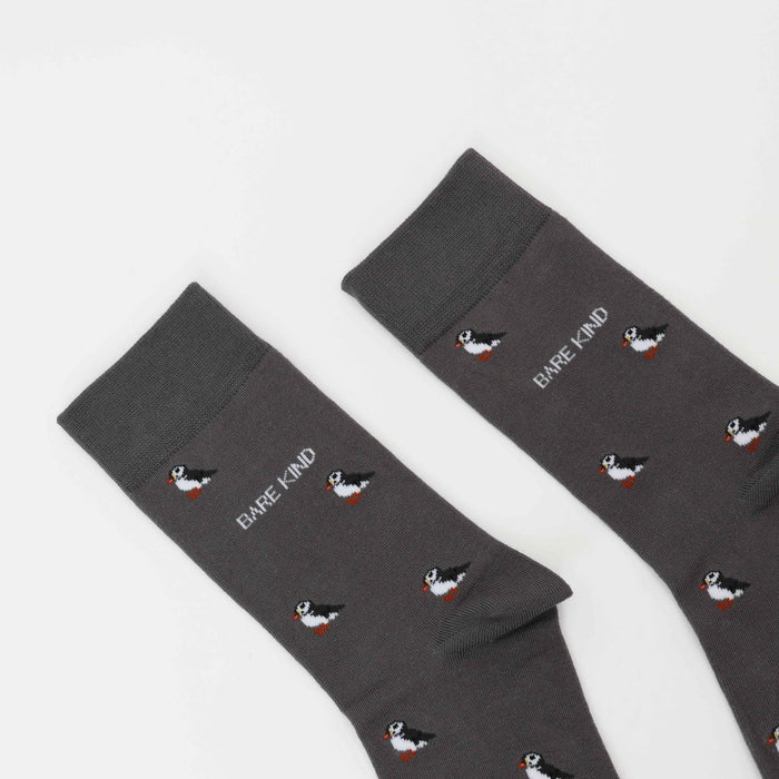Barekind NZ Save the Puffin small motif bamboo socks for adults, featuring a colorful puffin design on soft, eco-friendly bamboo fabric.