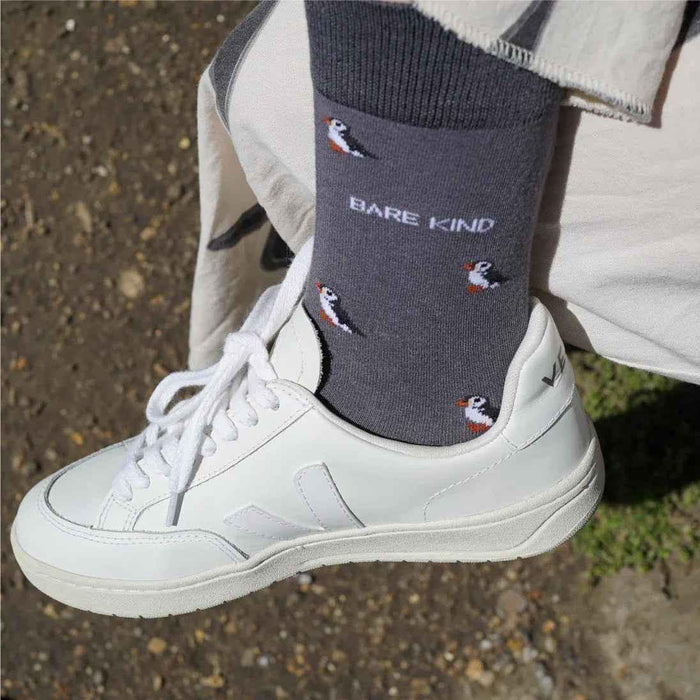 Barekind NZ Save the Puffin small motif bamboo socks for adults, featuring colorful puffin design and comfortable bamboo material