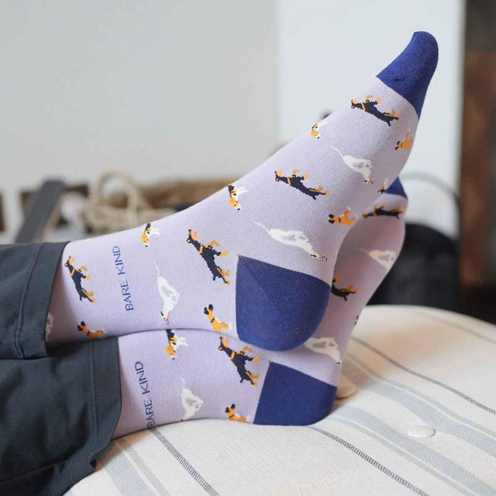 Barekind NZ bamboo socks for adults featuring a purple dog design, made from soft, eco-friendly bamboo material.