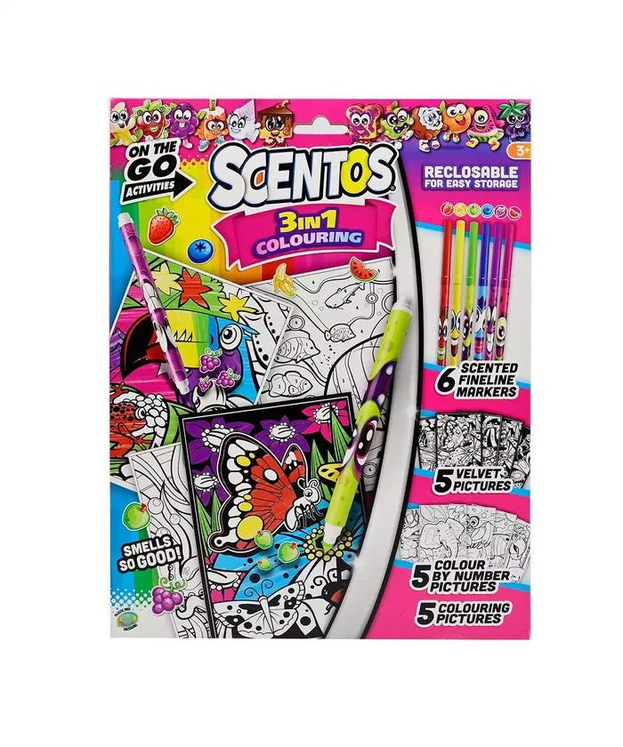Pink reclosable pouch showing 6 markers and coloring sheets with vibrant cartoon fruit and butterfly illustrations.