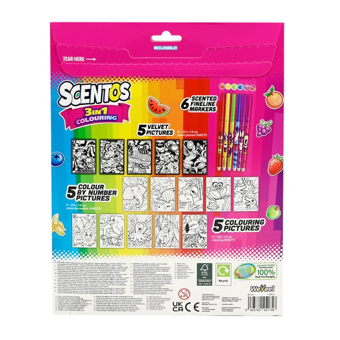 Pink resealable Scentos pack featuring 6 markers and 15 animal-themed velvet and color-by-number coloring sheets.