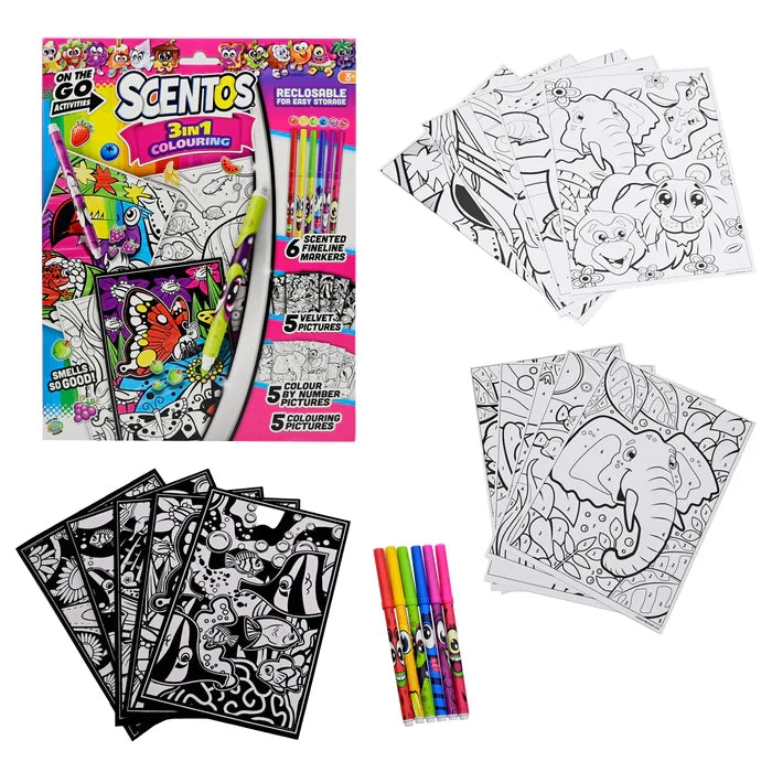 Scentos kit with 6 character-faced markers, black velvet posters, color-by-number, and animal colouring pages.
