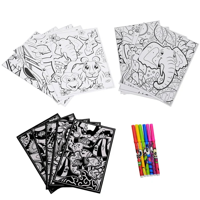 Three sets of jungle and underwater coloring sheets with five colorful, character-themed markers.