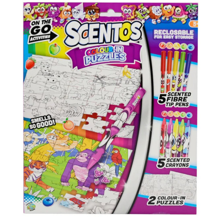 Reclosable purple pack with 5 scented markers, 5 crayons, and 2 puzzles featuring jungle and farm animals.