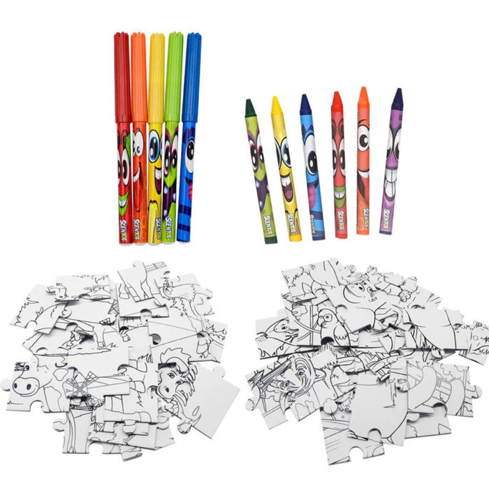 5 scented markers, 6 crayons with faces, and two sets of white puzzle pieces with black farm animal line art.