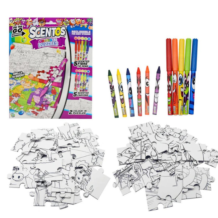 Activity set with box, 5 colorful pens, 6 character crayons, and two piles of uncolored animal puzzle pieces.