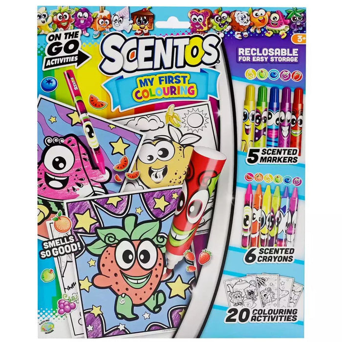 Colorful Scentos kit with 5 scented markers, 6 crayons, and 20 coloring pages featuring happy cartoon fruit characters.