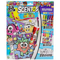 Colorful Scentos kit with 5 scented markers, 6 crayons, and 20 coloring pages featuring happy cartoon fruit characters.