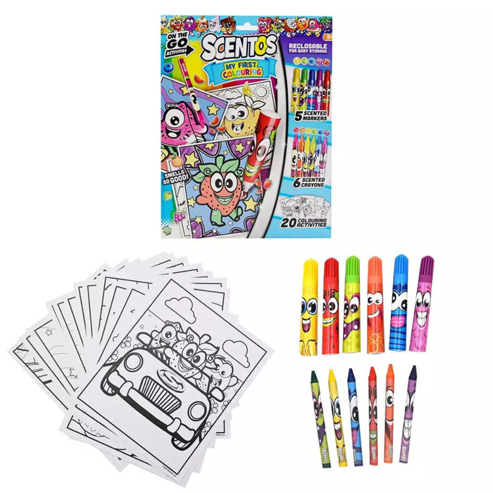 Blue activity pouch shown with 6 colorful character markers, 6 crayons, and a stack of cartoon coloring sheets.