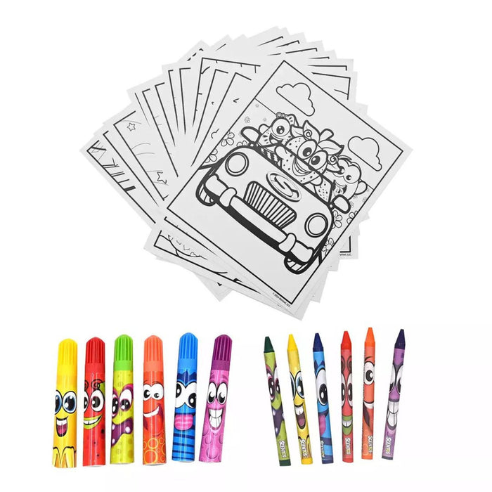 Coloring pages featuring characters in a car, plus six thick markers and six thin crayons with vibrant cartoon faces.