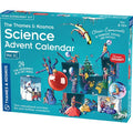 Teal science advent calendar box featuring colorful illustrations of people performing holiday-themed STEM experiments.