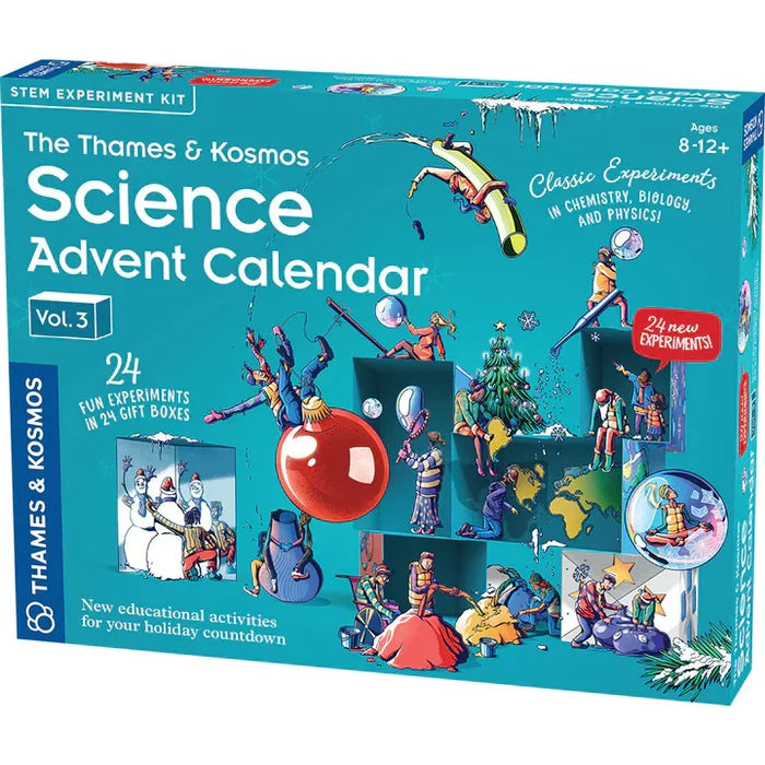 Teal science advent calendar box featuring colorful illustrations of people performing holiday-themed STEM experiments.