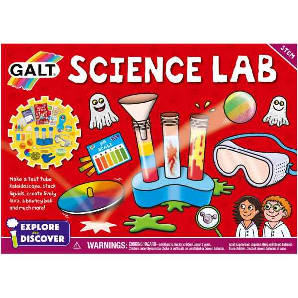 Red Galt Science Lab box with illustrations of test tubes, safety goggles, and colorful experiments for kids.